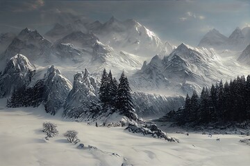 Wall Mural - Fantasy landscape of winter mountains, the peaks and slopes of the mountains are covered with snow and ice. Magical mountain valley in winter