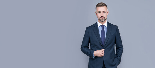 Wall Mural - Always available. male formal fashion. professional unshaven ceo. grizzled boss. confident businessman. Man face portrait, banner with copy space.