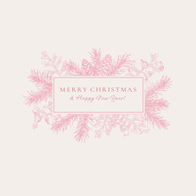 Holiday Abstract Botanical Card With Rectangle Banner Frame. Botanical Vector Illustration With Fir And Pine Branches And Cones. White Background And Pink Greeting.