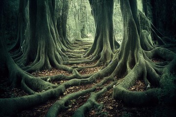 Fairy tale forest trail and roots of the trees