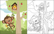 vector cartoon of funny monkey and bird in the tree, coloring book or page