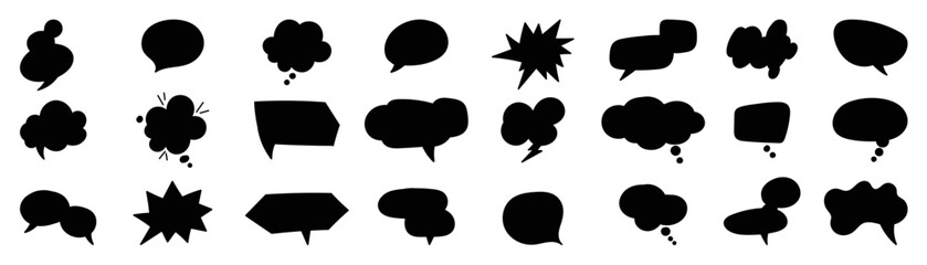 Set of black speech bubble vector on white background. Dialog, talk, speech, think, cloud, speech balloon vector in various organic shape. Design suitable for comic text, sticker, banner, chat icon. 