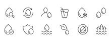 Drop Of Water Set Icon. Liquid, Aqua, Drinking, Evaporation, Man, Thirst, Tick, Wave, Drinking Water. Save The Water. Beverage Concept. Vector Black Set Icon On A White Background
