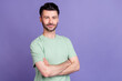 © deagreez - Photo portrait of handsome young man folded arms professional expert service dressed stylish gray look isolated on purple color background