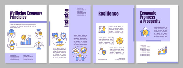 Wall Mural - Wellbeing economy policy purple brochure template. Inclusive growth. Leaflet design with linear icons. Editable 4 vector layouts for presentation, annual reports. Anton, Lato-Regular fonts used