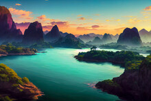 Magical Mountain Landscape Scene With Colorful Clouds In Sky And With River Or Lake