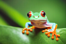 Portrait Of Cute Green Frog On Leaf As Animal Illustration