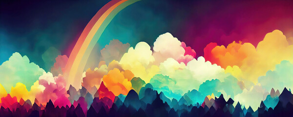 Wall Mural - Magical colorful dream panorama with rainbow