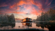 Solitary House Floating On The Lake Surrounded By Lush Forest In Autumn, 3d Illustration