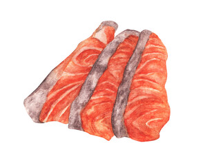 Watercolor hand drawn piece of red fish fillet, Fresh Salmon sashimi.