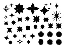 Conjunto De Formas Variadas; Estrellas En Color Negro Con Textura Grunge. Pegatinas De Venta O Descuento, Iconos, Insignias. Formas Estrelladas Con Diferente Número De Rayos. Fondo Transparente