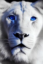 White Lion With Blue Eyes Portrait, Looking Straight At The Camera