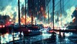 Disaster illustration with burning ships, tempest and explosion at night