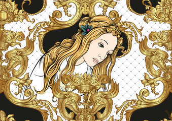 Wall Mural - Portrait of a woman inspired by a painting by Renaissance artist Botticelli. Seamless pattern, background In baroque, rococo, victorian, renaissance style. Vector illustration