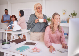 Canvas Print - Collaboration, computer and marketing with a business woman and muslim partner working in an advertising agency together. Diversity, creative and design with a female employee and islamic colleague