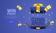 3d realistic open gift box and flying gold confetti on blue background. Win Prizes concept. Vector Illustration