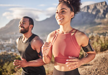 Fitness, Black Couple Or Friends Running On Road Or Street For Training, Exercise Or Wellness Workout On Mountain. Health, Sport Or Happy Runner Man And Woman In Marathon, Nature Race Or Sports Event