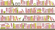 大きな本棚にたくさん並んだ本・かわいいピンクの配色