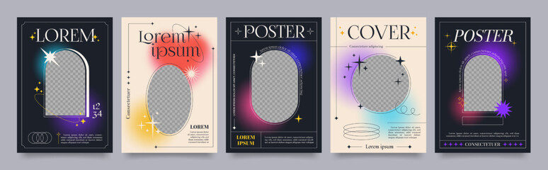 Aufkleber - Modern soft gradient posters with linear forms, sparkles and empty photo frame. Trendy minimalist aesthetic print with line arch frames, stars and fluid gradients vector poster template set