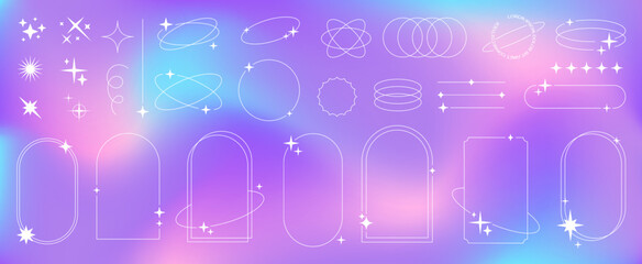Leinwandbilder - Modern minimalist aesthetic line elements on fluid gradient background, trendy linear frames with stars, geometric forms. Arch frame with sparkles for social media, simple decorative border vector set