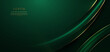 Abstract 3d gold curved green ribbon on dark green background with lighting effect and sparkle with copy space for text.