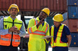 © Tongpool - 3 engineer working in container storage yard talking about quality prepare to delivery