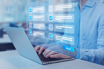 Questionnaire, quiz, assessment, or survey form with checkboxes on computer screen. Person answering online test with yes-no questions. Opinion, feedback, knowledge, marketing, business concept.