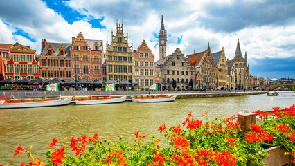 Wall Mural - Gent old town skyline and Graslei district panorama, Belgium