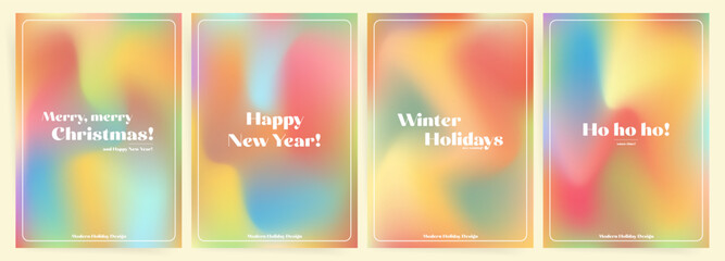 Set of retro gradient Christmas and New Year poster templates in trendy groovy vintage design. 70s style mesh rainbow vector illustration background.	