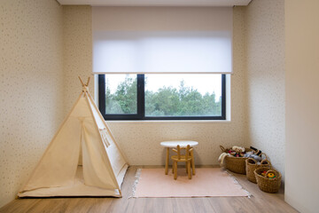 Leinwandbilder - Interior of child's room. Roller blinds in the children's room. Automatic roller shades on the window. Trees outside. Electric sunscreen curtains for home. Playhouse and toys are there.