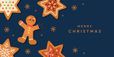 Sticker - christmas greeting card with gingerbread cookies decoration on blue background