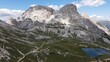 Aerial view of Tre Cime di Lavaredo mountains in the Dolomites in Alps in Italy