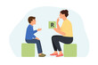 © Oksana - Speech therapist showing letter to little boy with disorder.Speech disorders in children.Proper articulation therapy . Vector illustration.