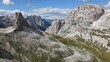 Aerial view of Tre Cime di Lavaredo mountains in the Dolomites in Alps in Italy