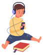 Boy listen music instead of reading. Modern kid gadget addiction