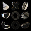 Set of dispersion glass 3d shapes and elements. 3d render illustration isolated on black background