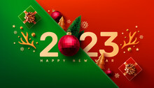 2023 New Year Promotion Poster Or Banner With Gift Box And Christmas Element For Retail,Shopping Or Christmas Promotion.New Year 2023 Symbol With Red Ball Ornaments. Vector Illustration Eps 10