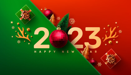 2023 New Year Promotion Poster or banner with gift box and christmas element for Retail,Shopping or Christmas Promotion.New year 2023 Symbol with red ball ornaments. Vector illustration eps 10