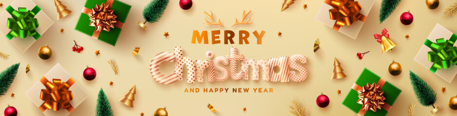 Merry Christmas & Happy New Year Promotion Poster or banner with gift box  and christmas element for Retail,Shopping or Christmas Promotion in gold style.