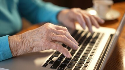 Extreme closeup of elderly womans hands while she types on laptop computer keyboard.
