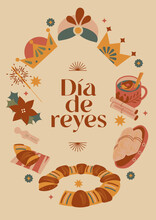 Set De Ilustración Vectorial Iconos Día De Reyes Y Navidad En México Y España. 6 De Enero, Rosca, Ponche, Chocolate Caliente, Tamales, Candelaria, Corona, Reyes