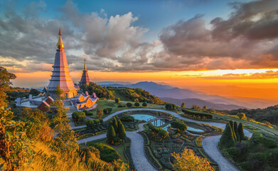 Wall Mural - Landmark Landscape of two pagoda on the top of Inthanon mountain, Chiang Mai, Thailand. Pagodas at sunset sunrise. aerial view top inthanon Chiang Mai, Asia