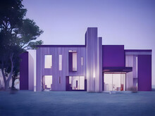 Modernes Haus, Hausarchitektur, Beleuchtet Am Abend Mit Lila Fassade, Illustration, 