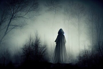 A supernatural concept. Of a ghostly woman with a long white dress floating above the ground. In a spooky, winter forest at night