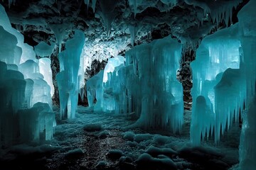 Abstract ice underground fantasy caves. Rays of light in a dark ice cave. Cold, ice, freshness. Blue neon ice with wet. .