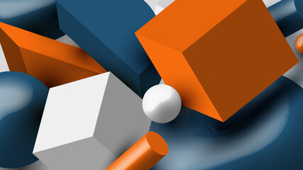 Wall Mural - Set of 3D geometric blue, orange, white colors elements pattern on white background