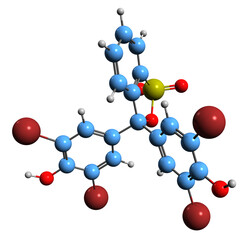 Poster - 3D image of Bromophenol blue skeletal formula - molecular chemical structure of pH indicator tetrabromophenolsulfonphthalein isolated on white background
