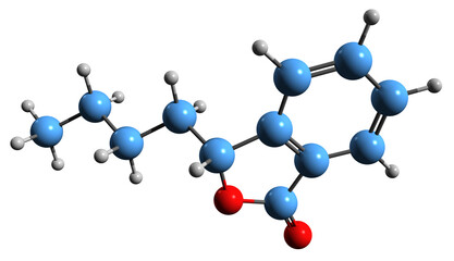 Poster -  3D image of  skeletal formula - molecular chemical structure of 3-n-butylphthalide isolated on white background
