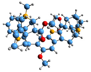 Poster -  3D image of Voacamine skeletal formula - molecular chemical structure of dimeric indole alkaloid isolated on white background
