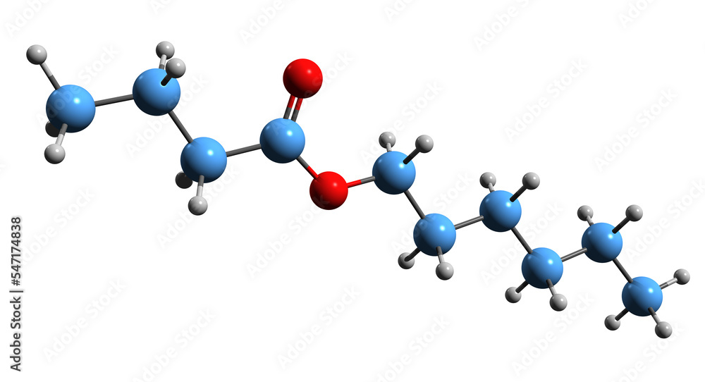  3D image of hexyl butyrate skeletal formula - molecular chemical structure of Hexyl butanoate isolated on white background
